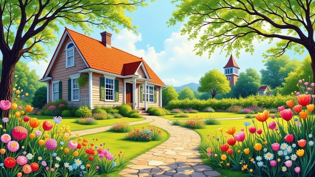 Spring Garden Oasis in Comic Book Watercolor Style