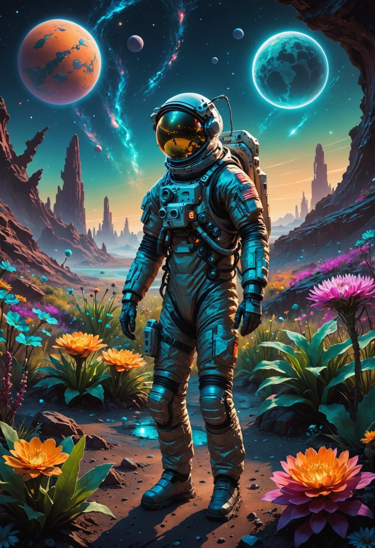 Astronaut Tends Glowing Garden on Alien Exoplanet