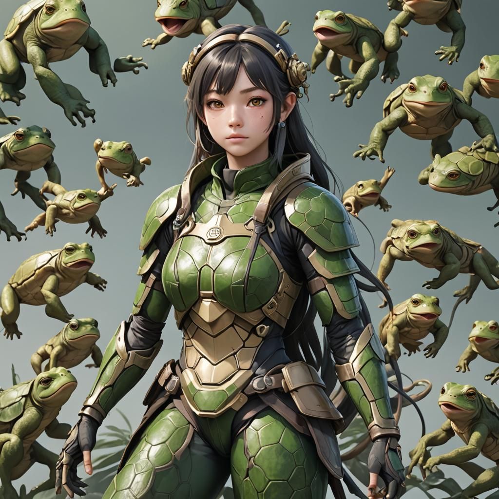 Human-Turtle-Frog-Monkey Hybrid in 3D Anime Style