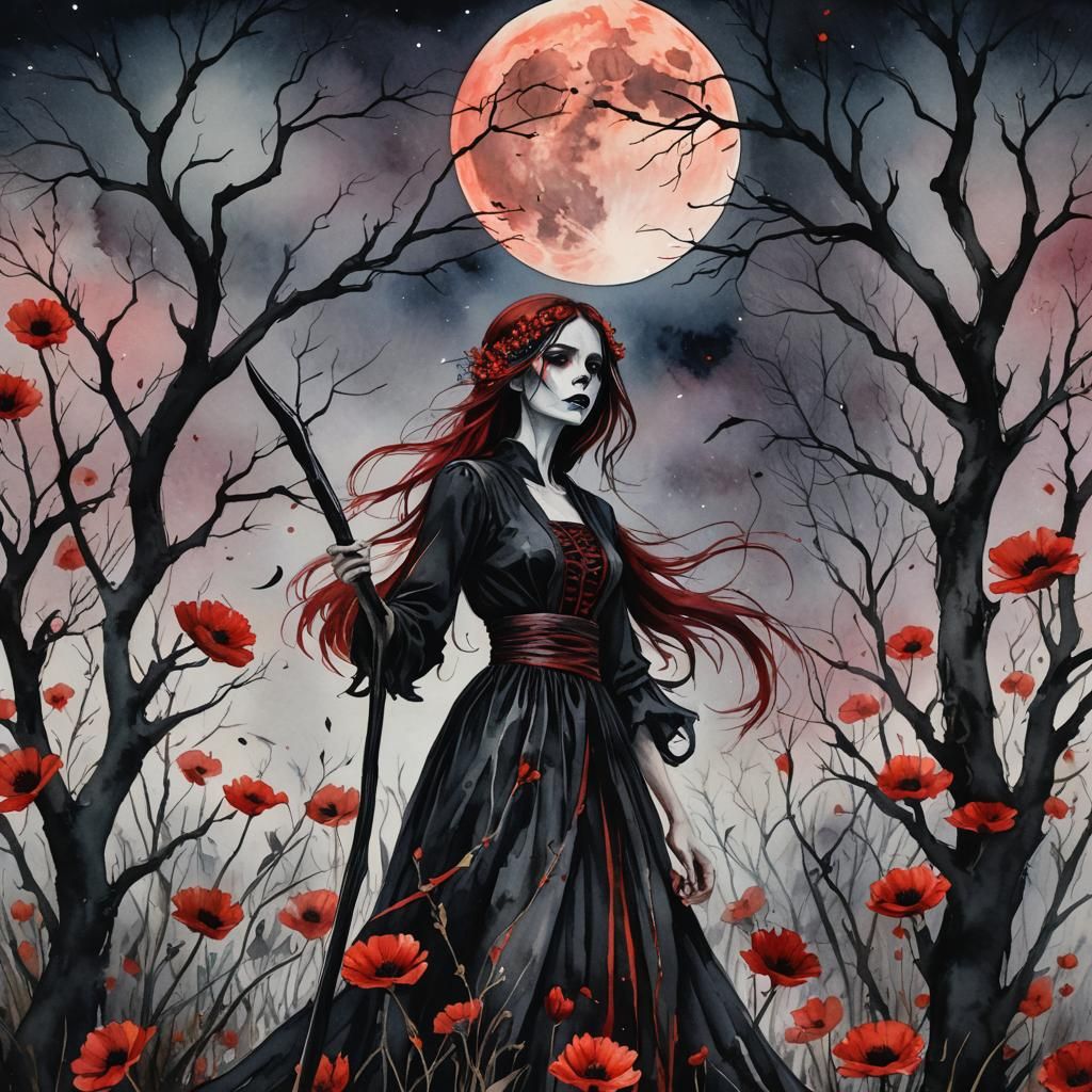 Death and Girl Under a Bloody Moon in Watercolor