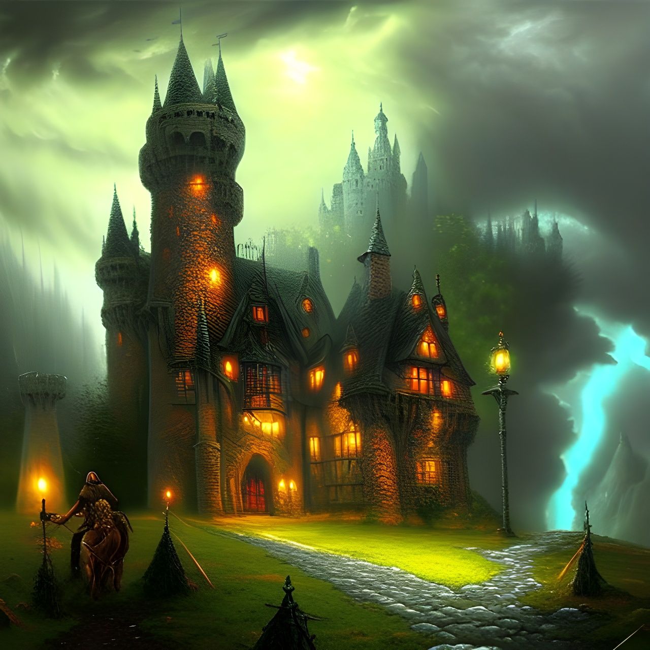 Ethereal Haunted Castle in Dark Forest Oil Painting