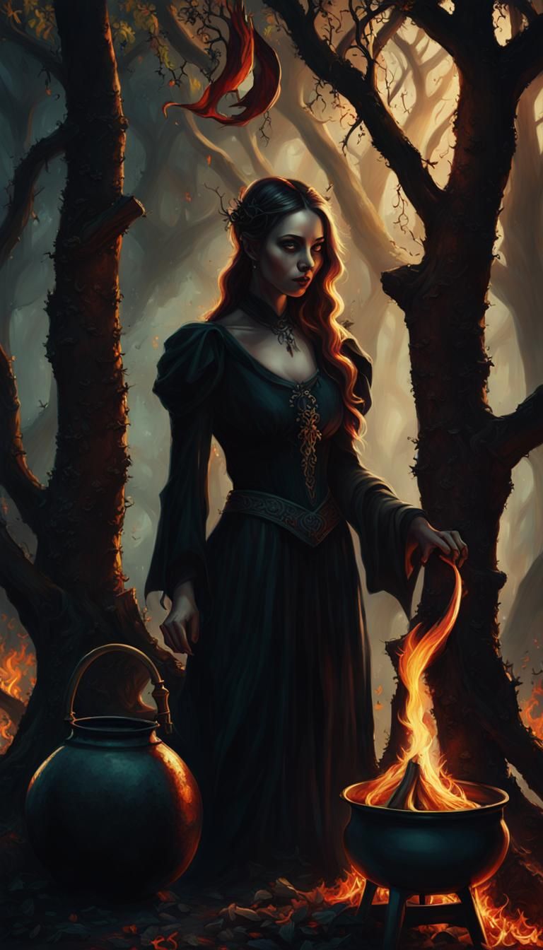 Gothic Woman by Bonfire: Dark Fantasy Concept Art