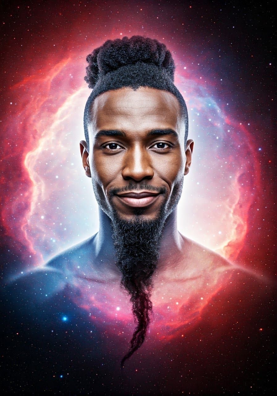Cosmic Genie Double Exposure Portrait in Dreamlike Style