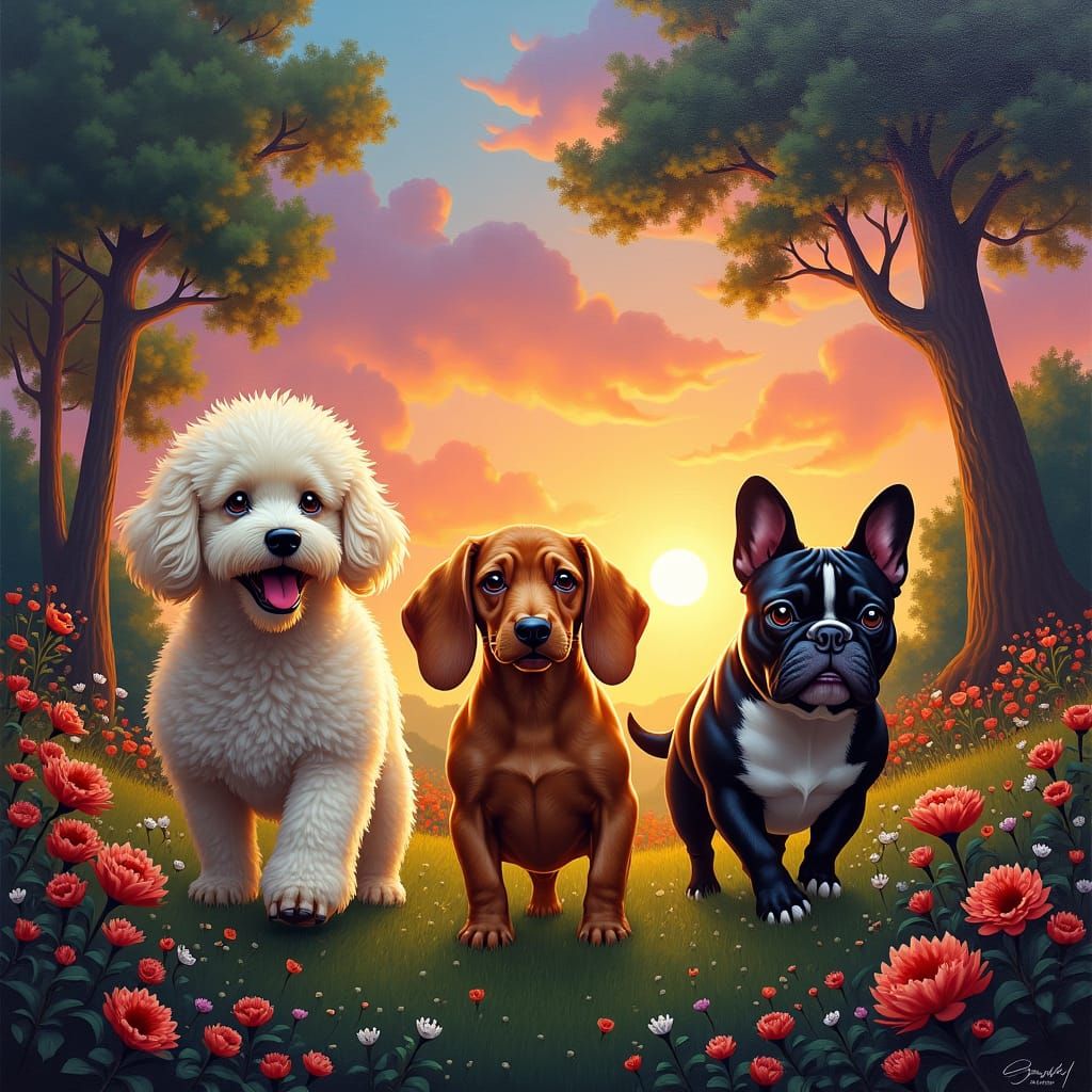 Dogs Playing in Surreal Sunset Garden as Oil Painting