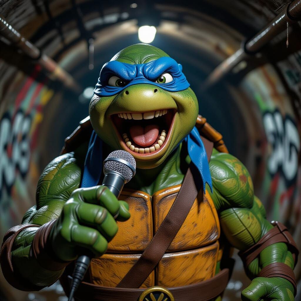Singing Ninja Turtle in Grimy Sewer Lair