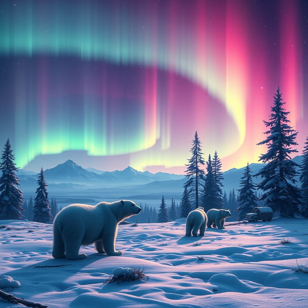 A serene snowy landscape features three polar bears under a mesmerizing aurora borealis. Pine trees and distant mountain...