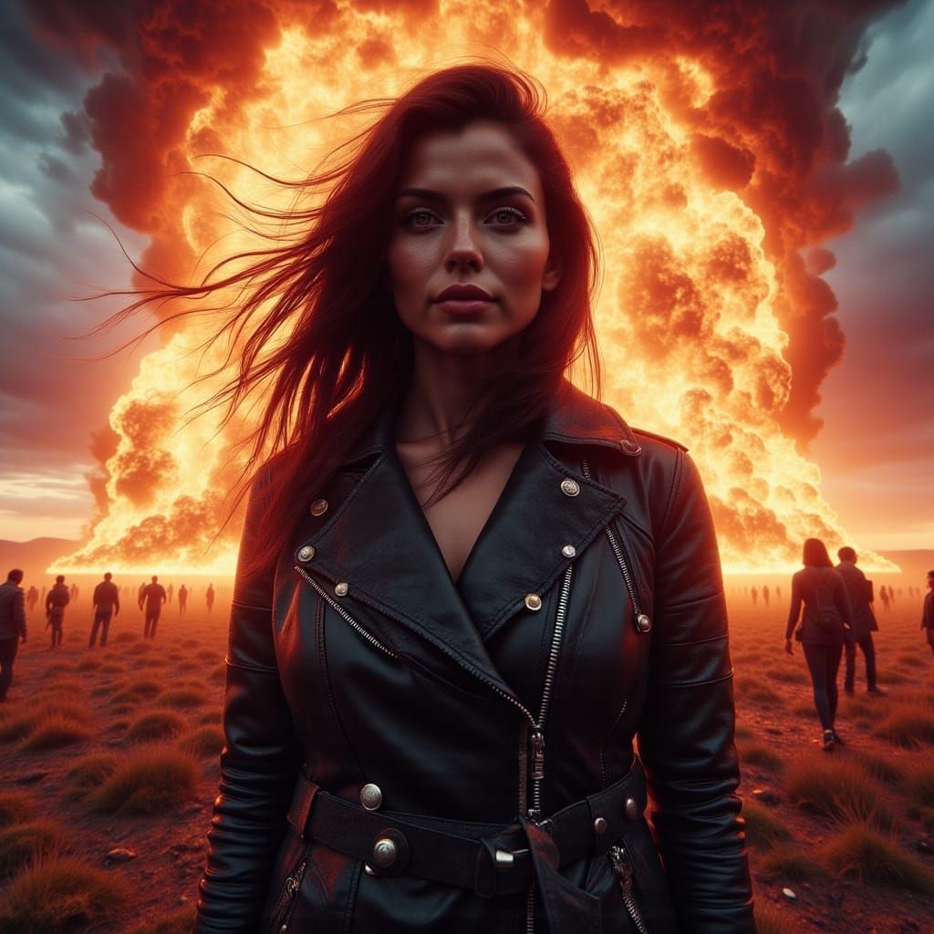 Radioactive Woman in Storm: Hyperrealistic Cinematic Still