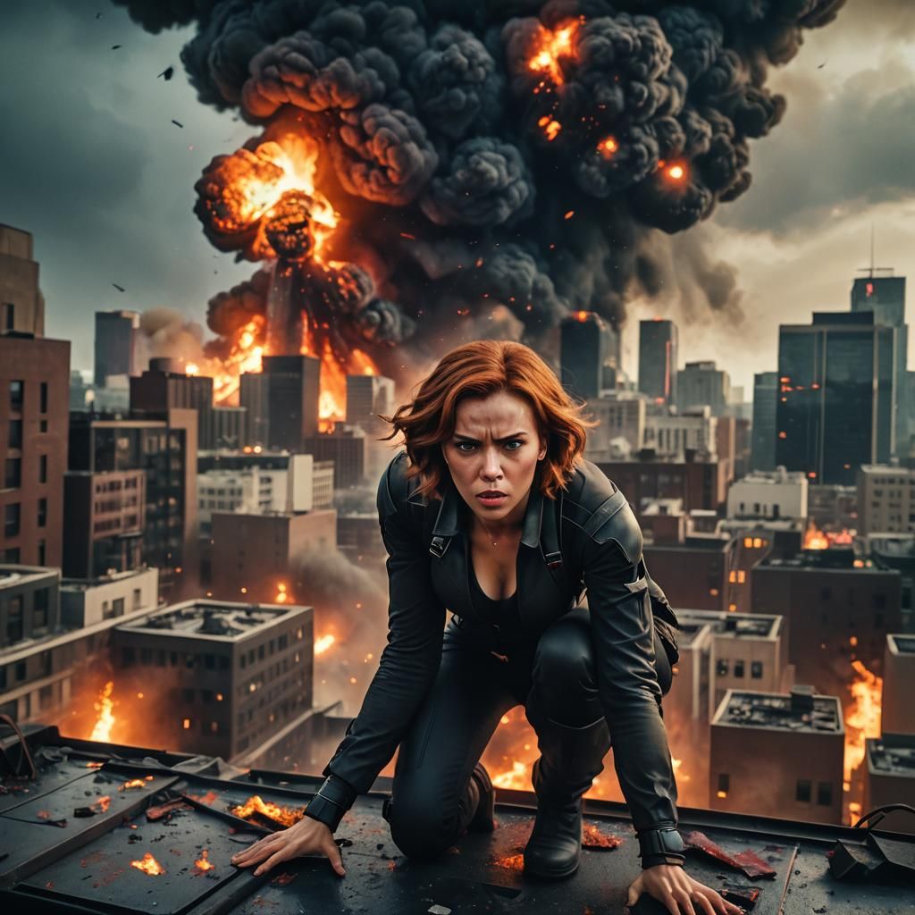 Black Widow on Burning Rooftop in Cinematic Style