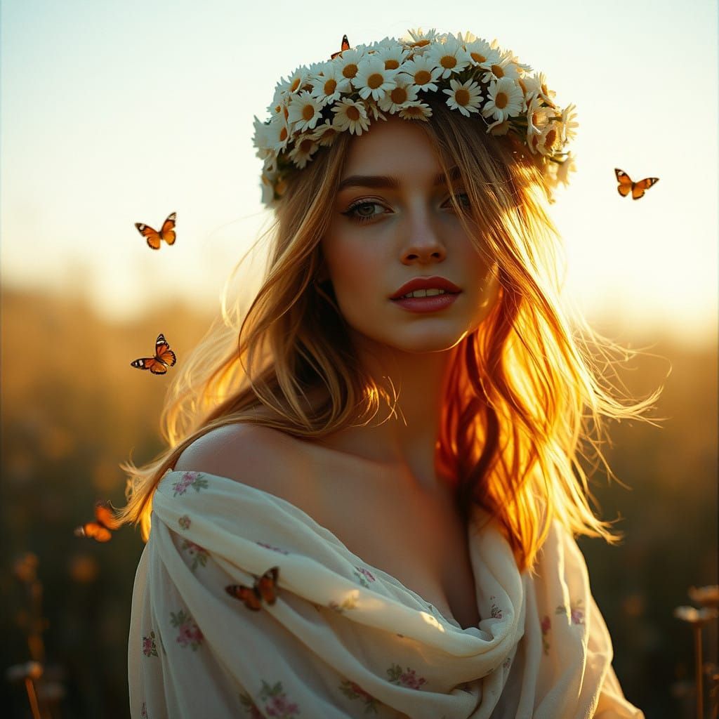 Woman in Bohemian Attire with Floral Crown and Butterflies