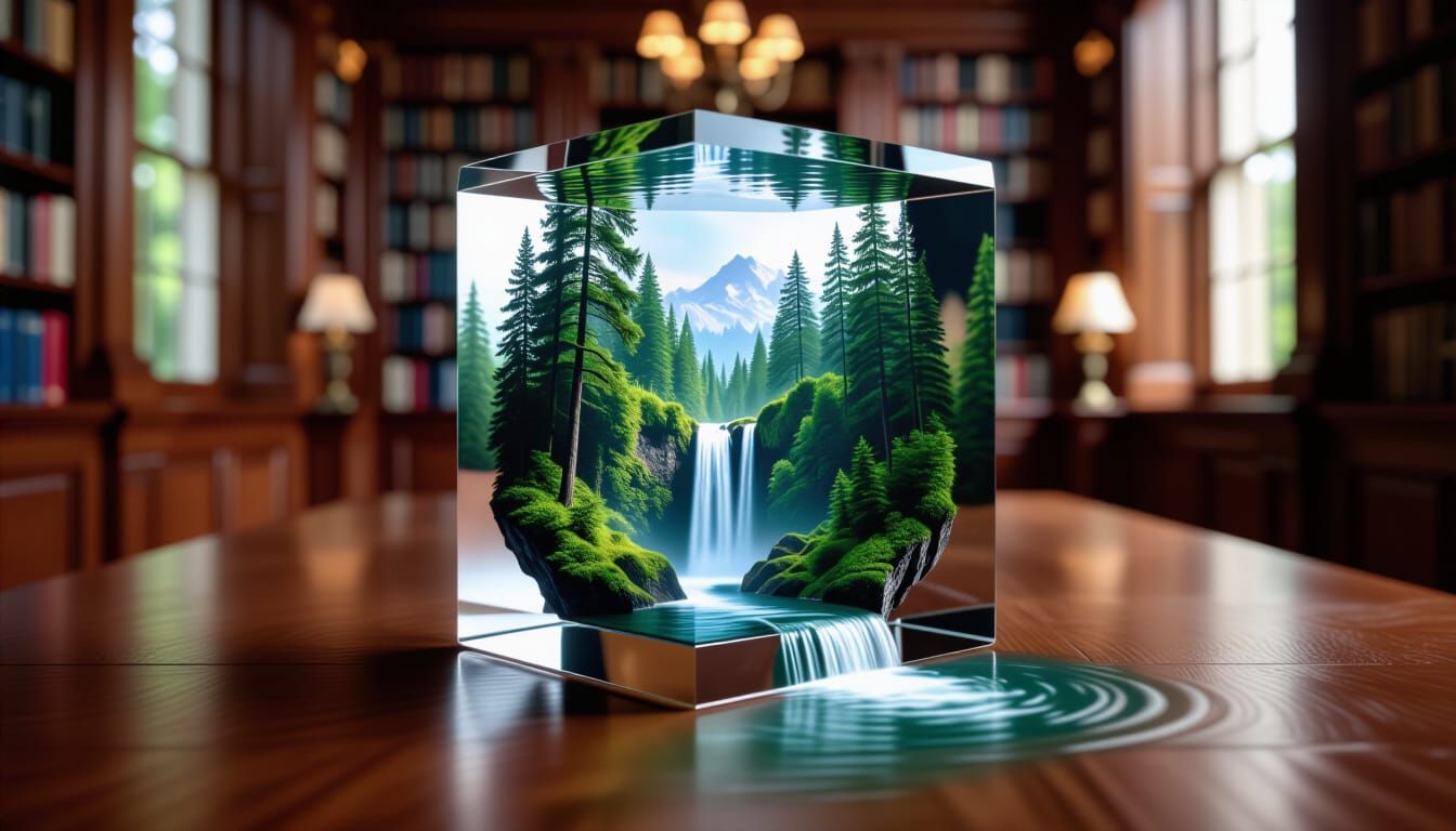 Crystal Cube Forest Waterfall Library Scene