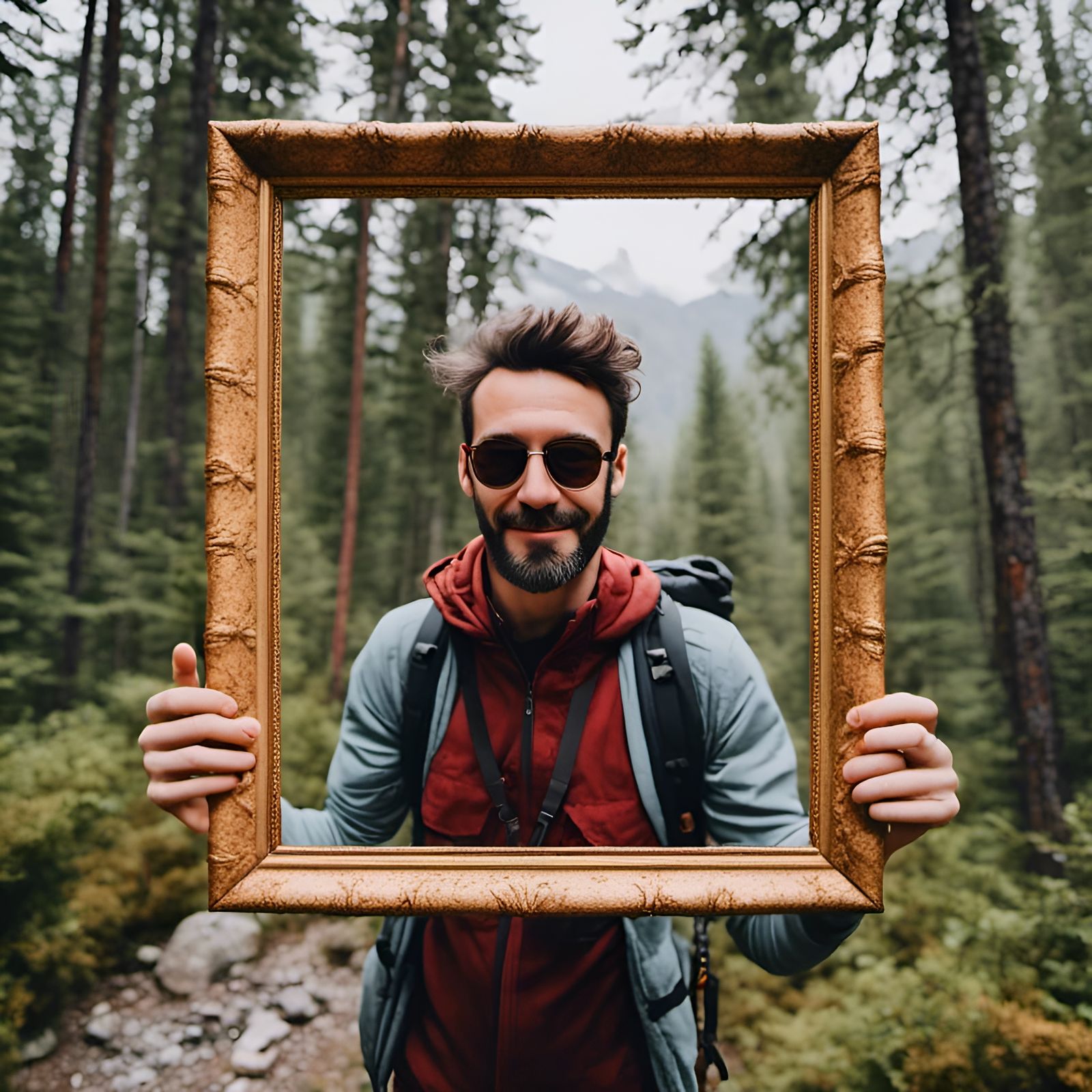 Man Posing Behind Picture Frame on Hiking Trail