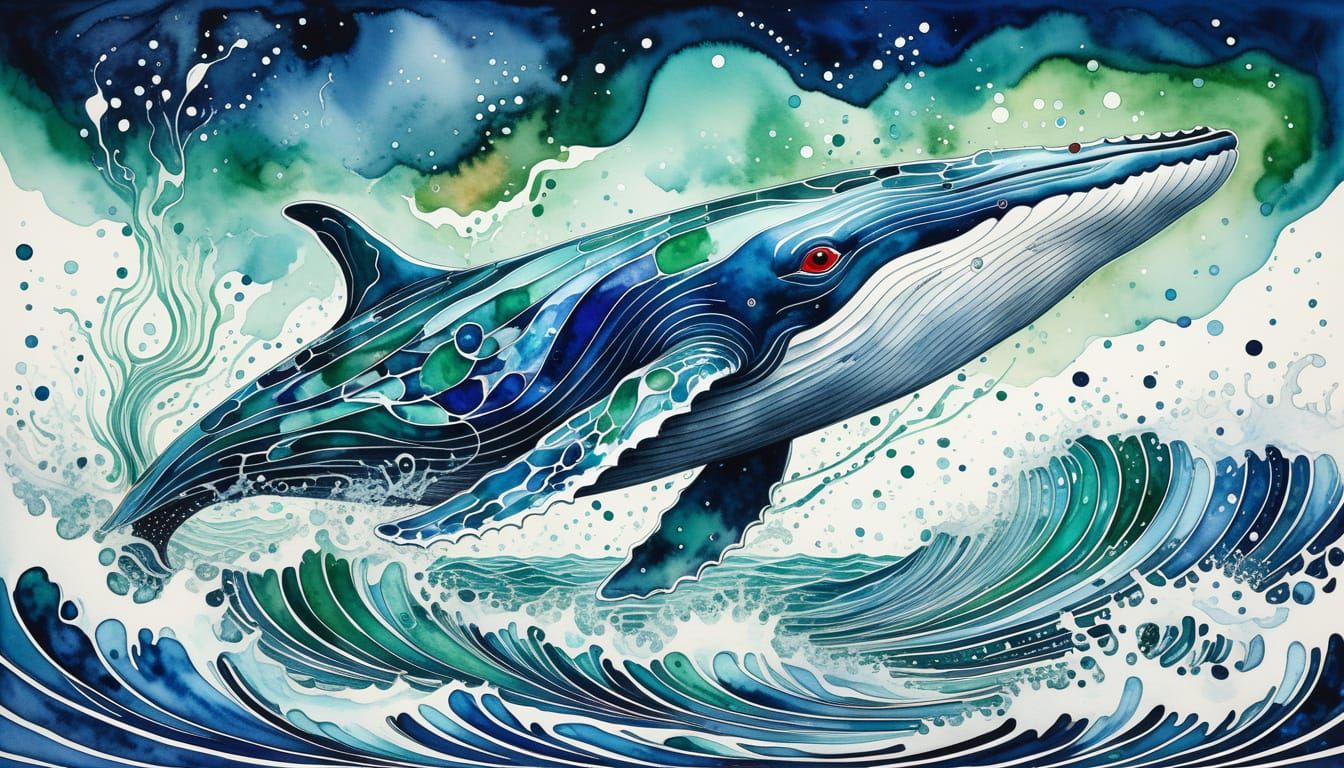 Abstract Whale Breaching in Liquid Silver and Sapphire