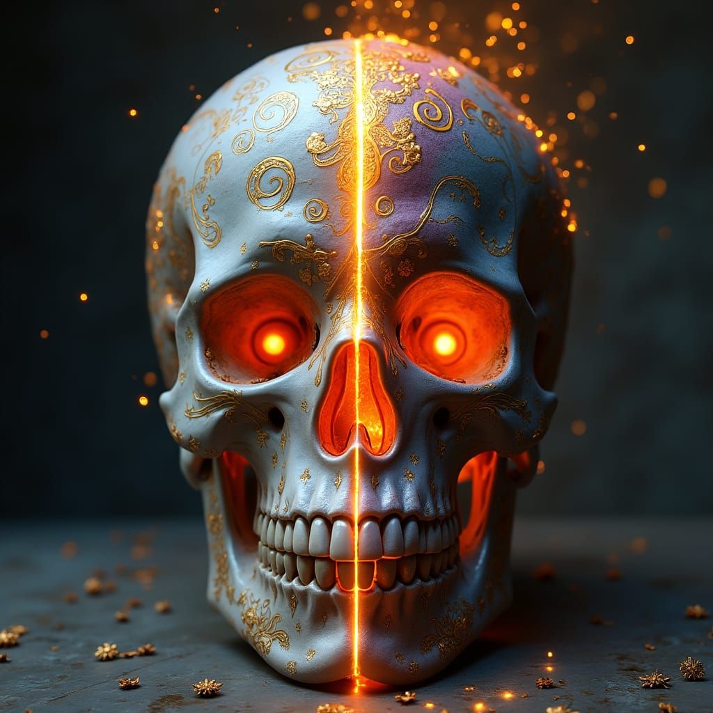 Ornate Skull Divided into Good and Evil Halves