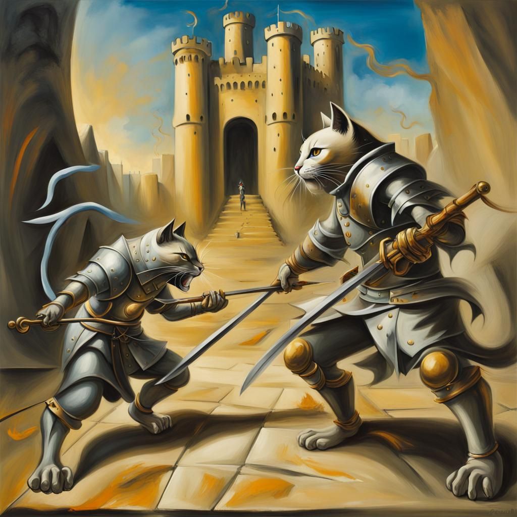 Ronin Warrior Cats Battle in Surrealist Style