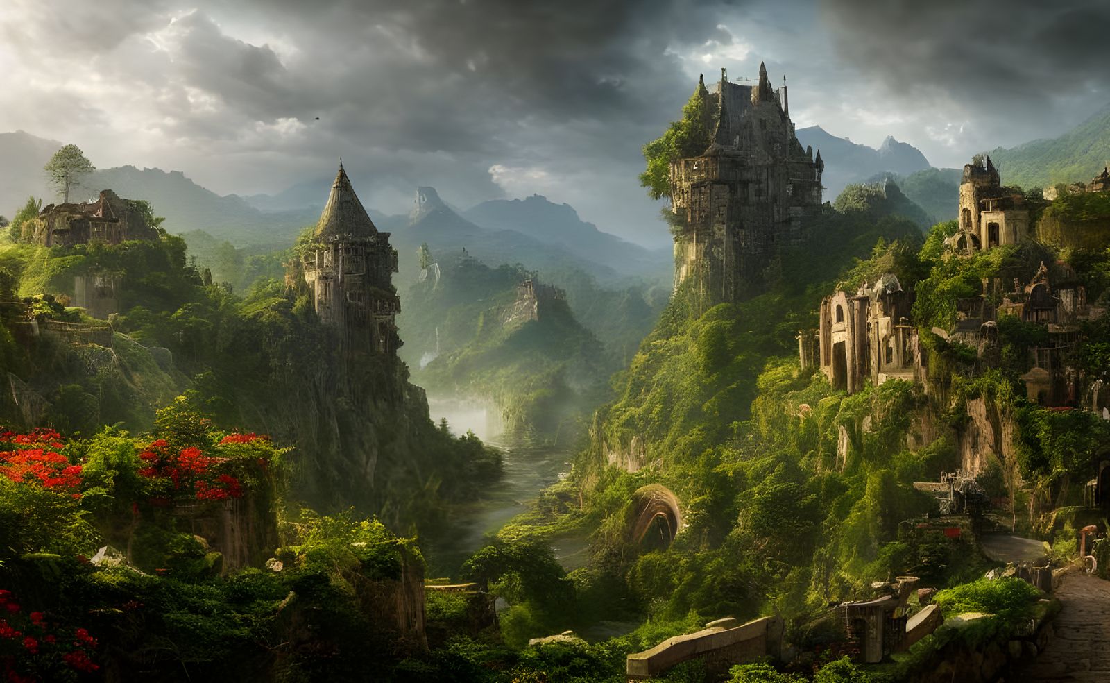 Majestic Mountain Castle with River and Village