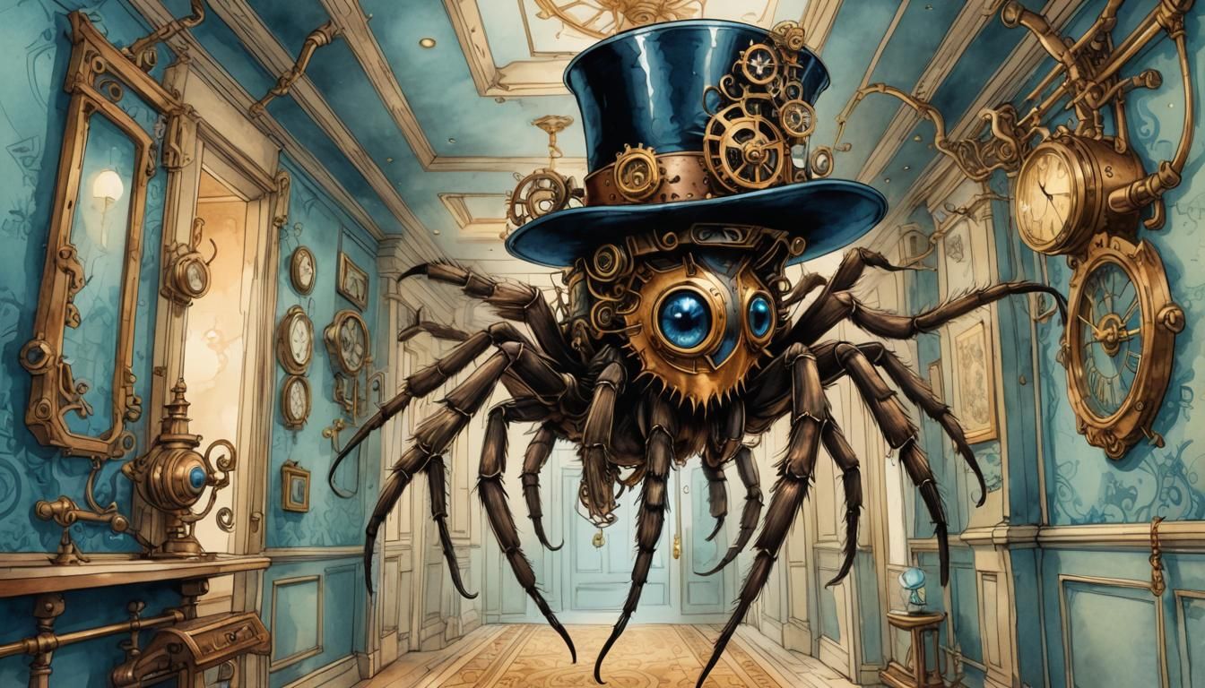 Steampunk Tarantula in Victorian Hallway Illustration