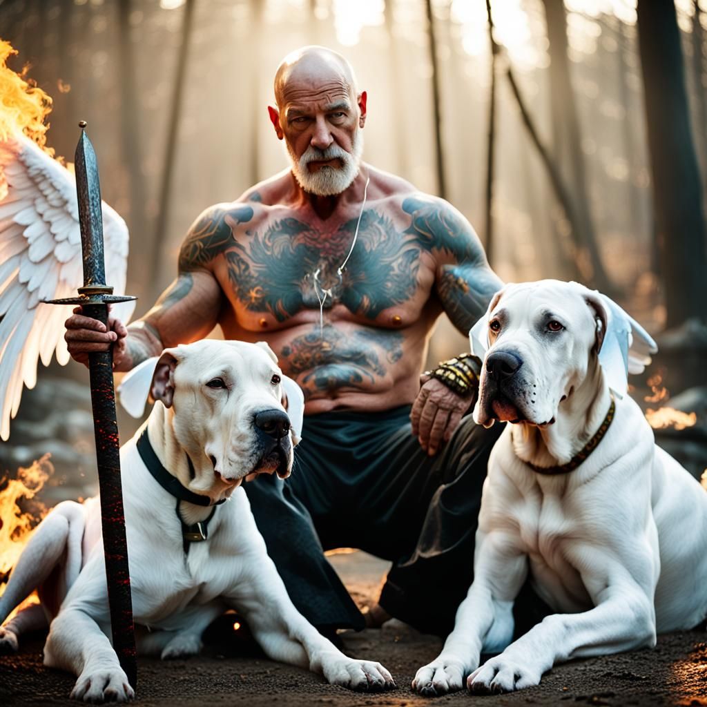 Photorealistic Old Man with Wings and Fire Sword