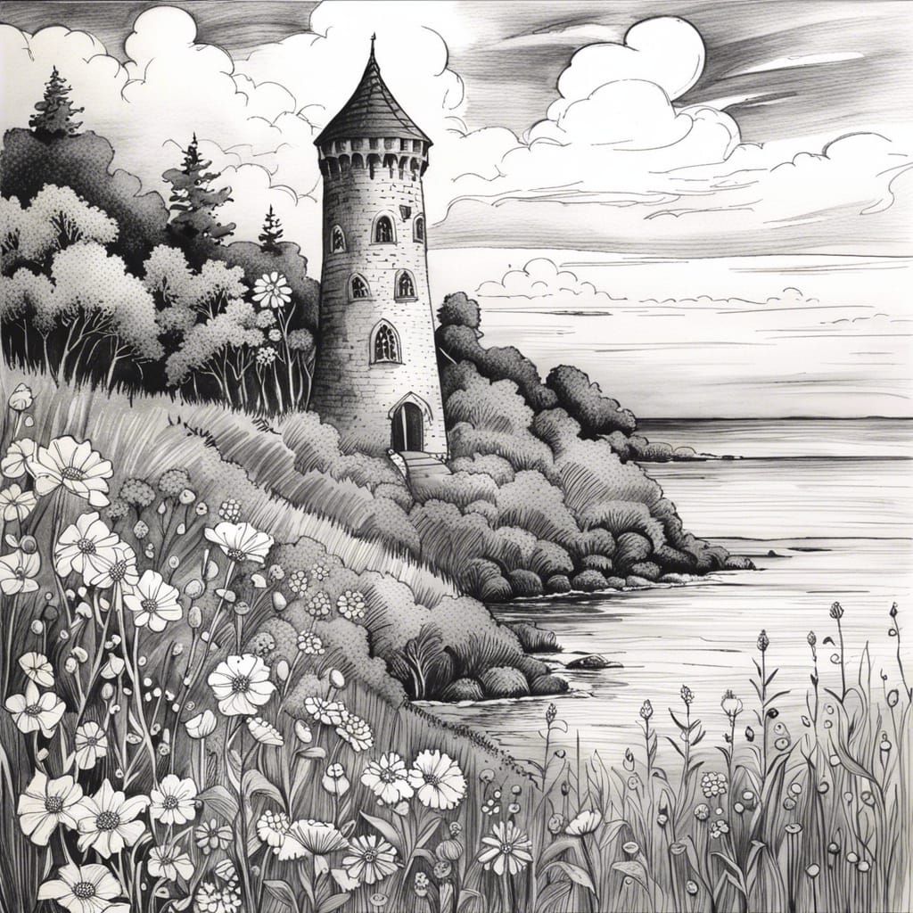 Fairytale Tower by the Sea Ink Illustration