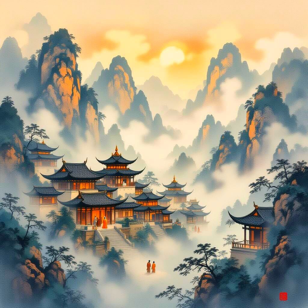 Mystical Mountain Village in Traditional Chinese Painting St...