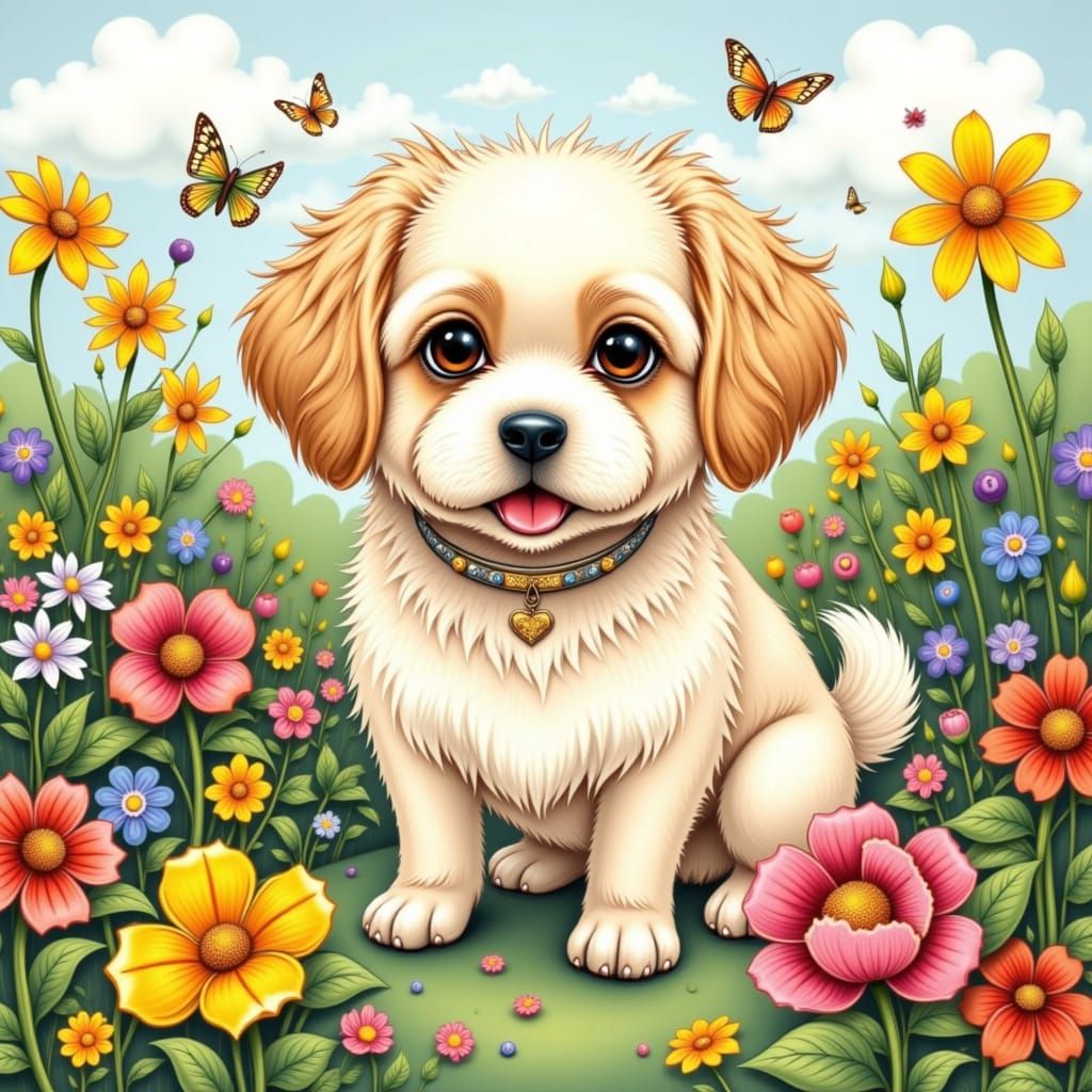 Whimsical Dog in Fantasy Garden Illustration