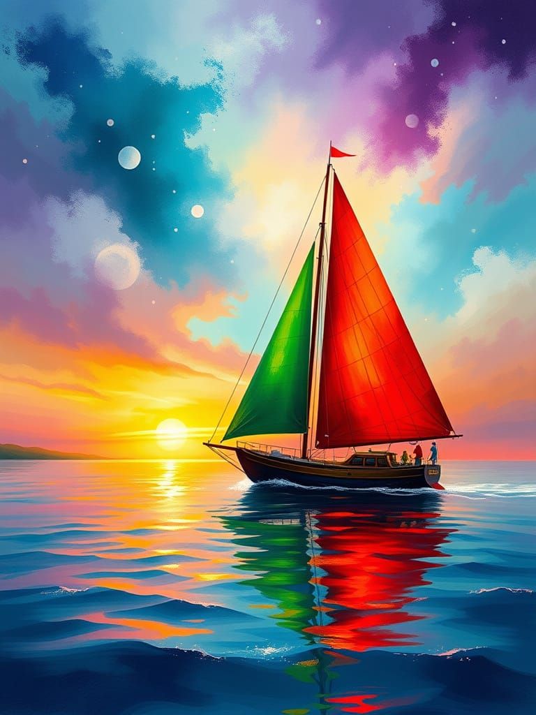 Vibrant Sailing Ship in Fiery Colors