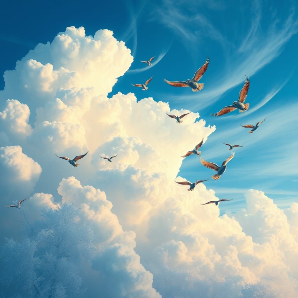 Electric Blue Sky with Flying Creatures in Epic Style