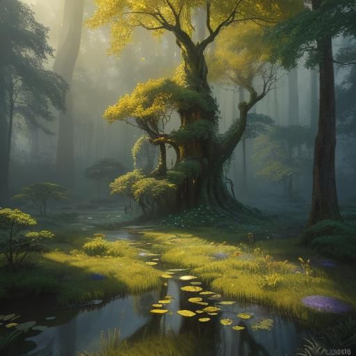 Mystical Forest in Pointillism with Shimmering Lights