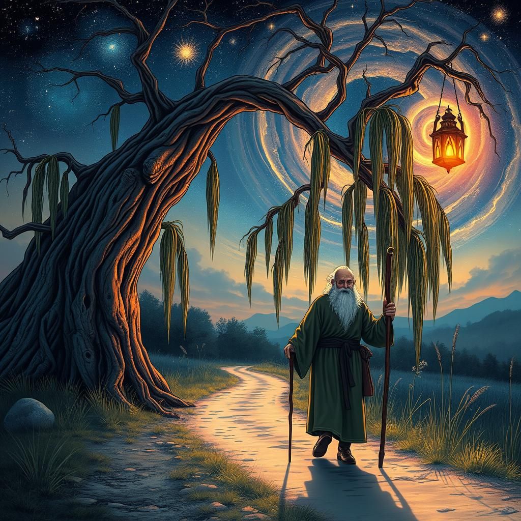 Elderly Couple's Dusk Journey Under Astral Sky