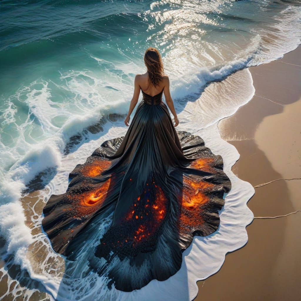 Elemental Woman of Water and Lava on Beach