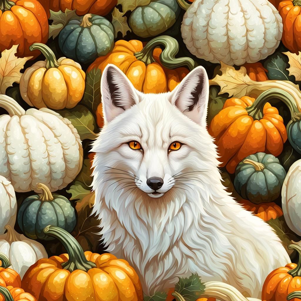 white fox hiding among a field of mixed ornamental gourds,.....