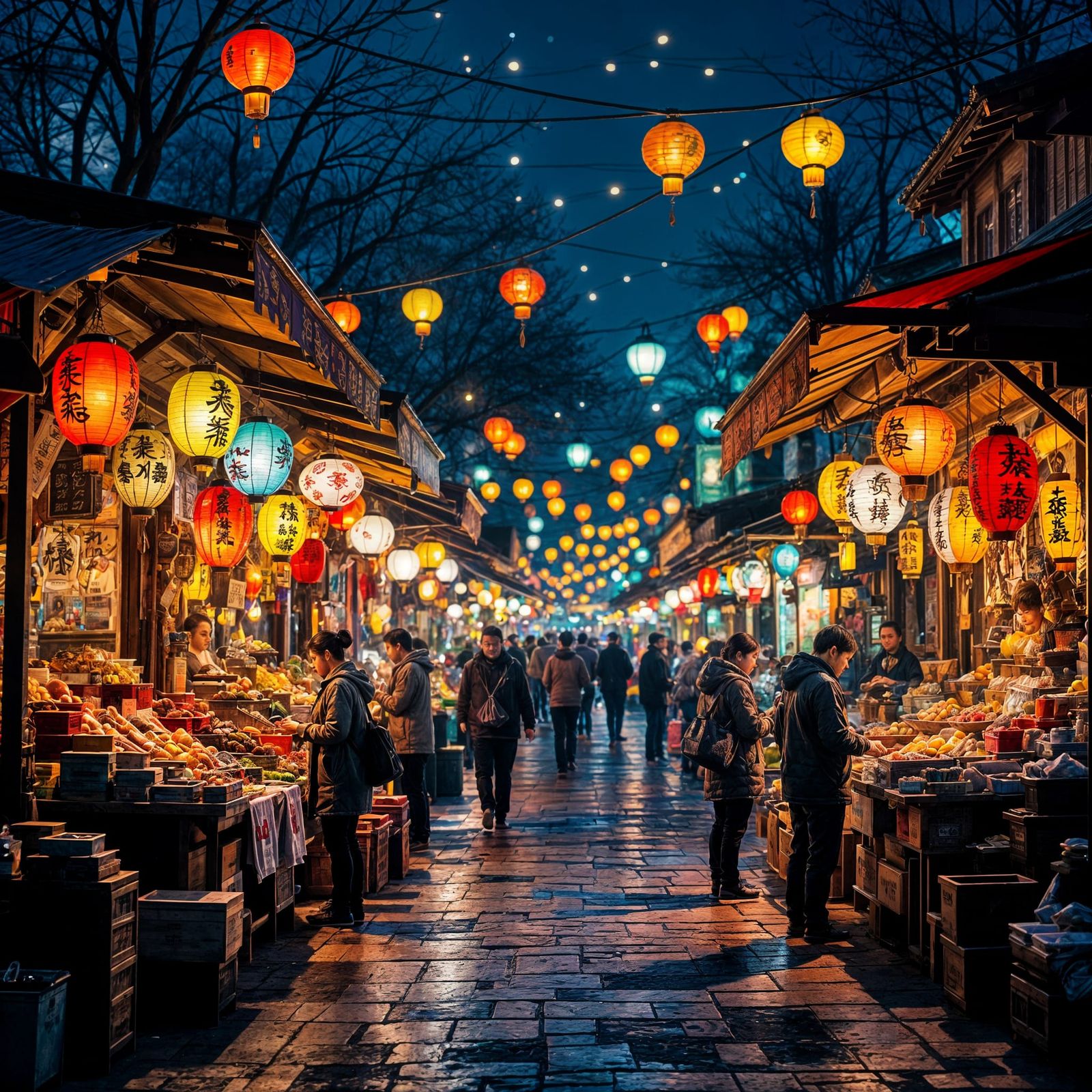 Vibrant Night Market with Glowing Lanterns