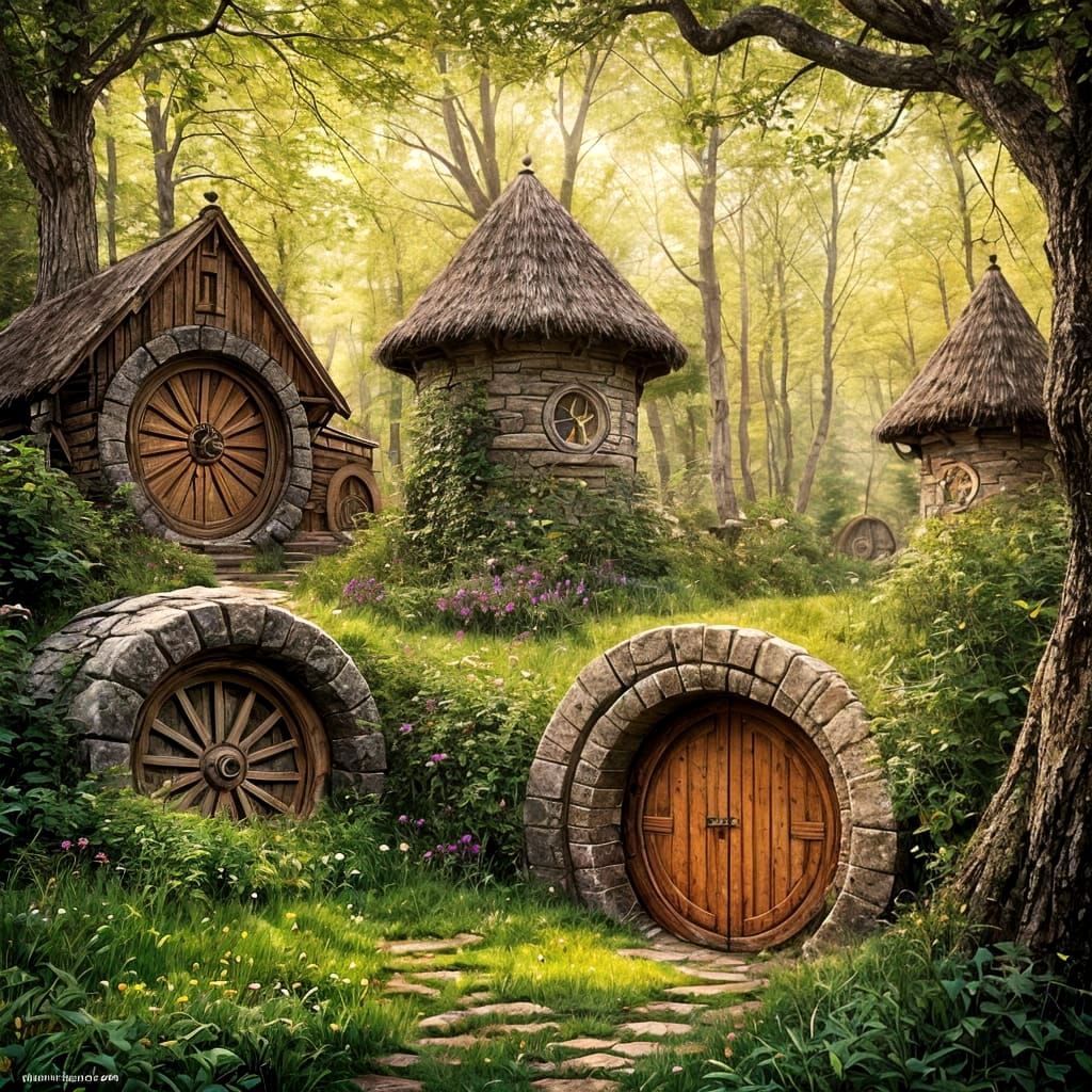 Enchanted Hobbit Village: An Inky Dreamscape Painting