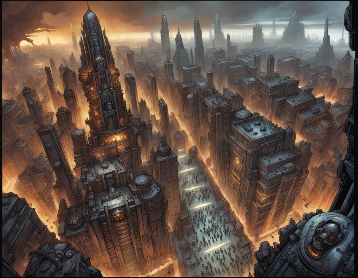 Warhammer 40K: Metallic Hive City in Comic Book Style