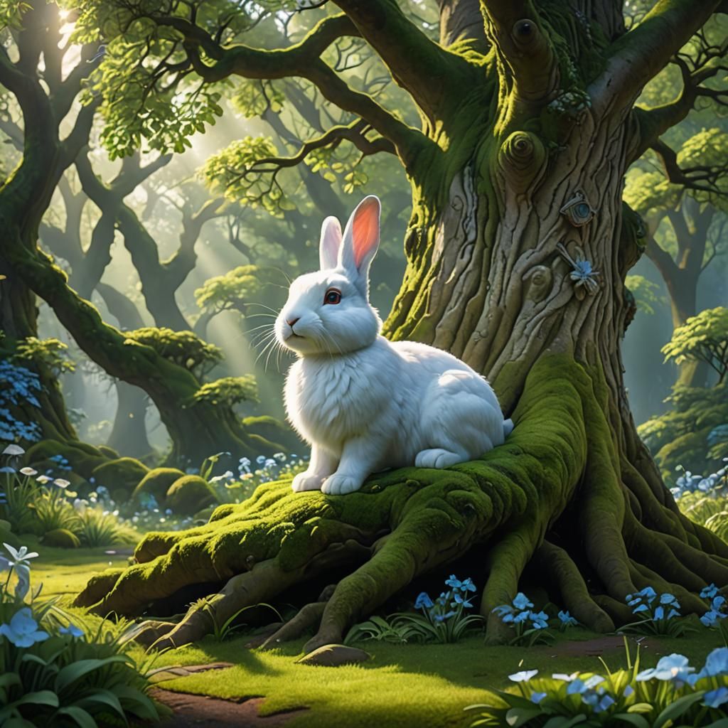 Rabbit Curled Under Mossy Tree in Art Nouveau Style