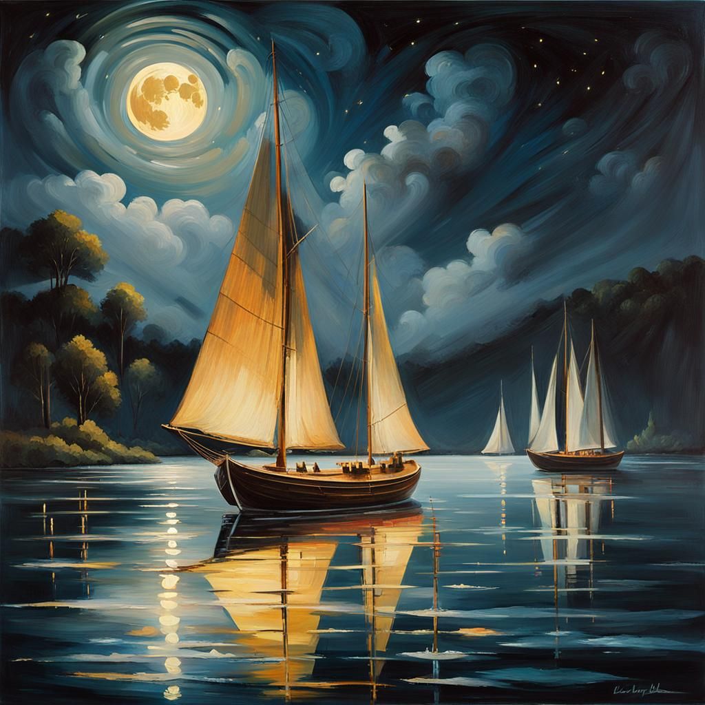 Moonlit Sailing Boat on Lake at Night