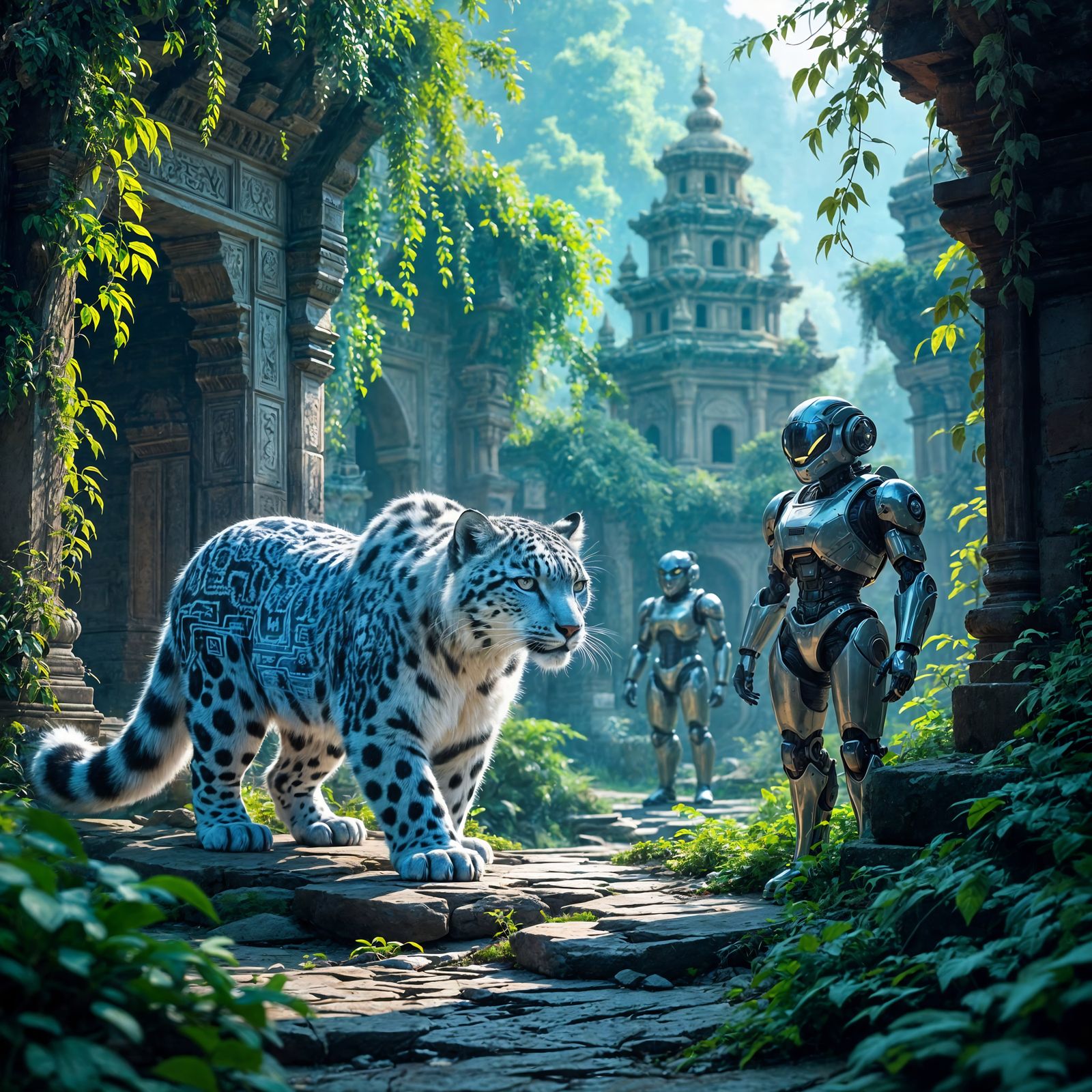 Cybernetic Snow Leopard in Ancient Temple Ruins