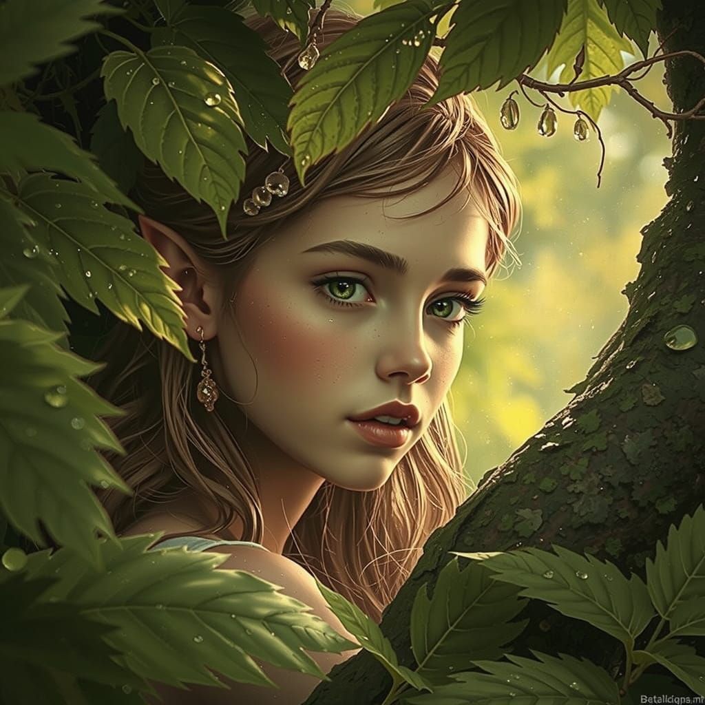 Forest Pixie Peeking Through Leaves in Ethereal Light