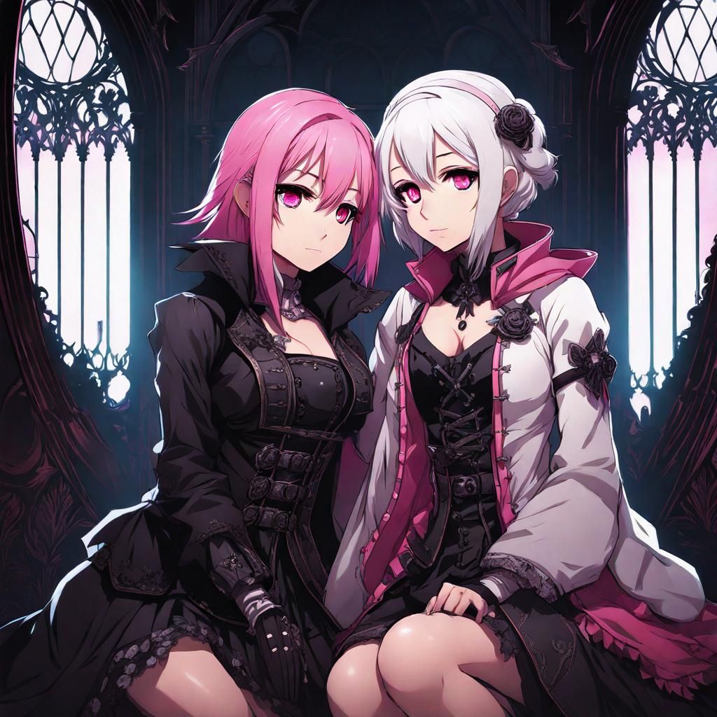 Anime Girls Embrace in Gothic Darkest Dungeon Style