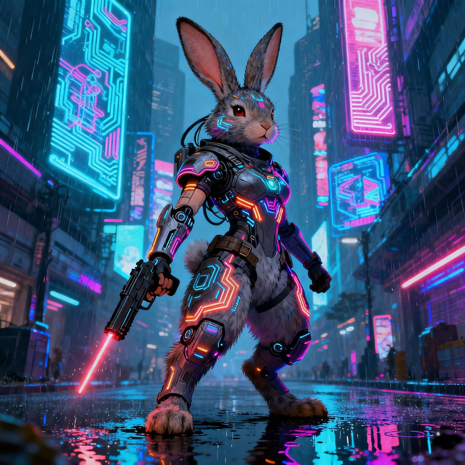 Cybernetic Warrior Rabbit on Futuristic Street