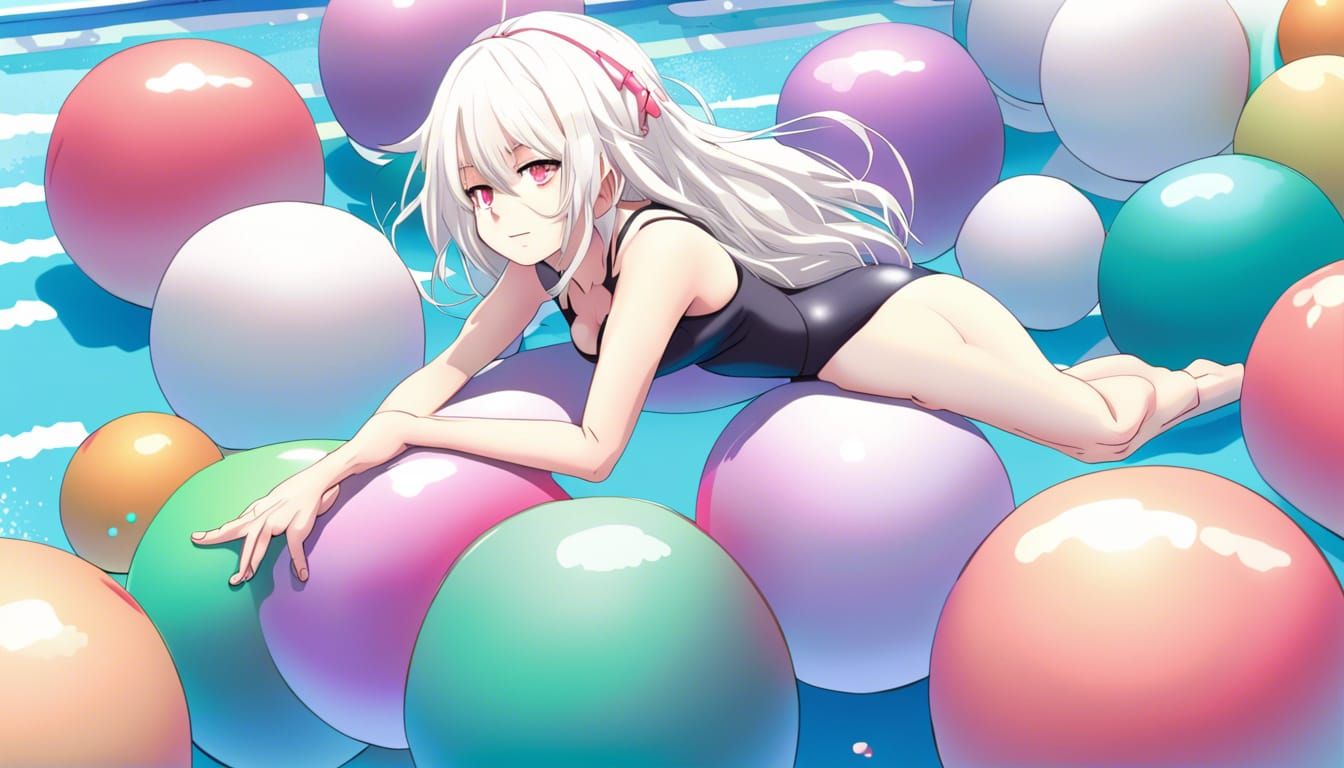 Anime Girl in Swimsuit on Yoga Balls