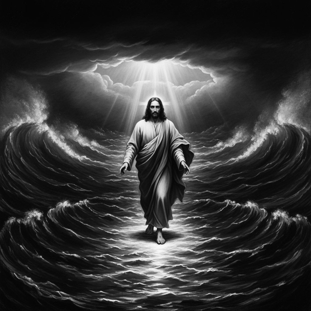 Jesus Walks on Stormy Water with Divine Light