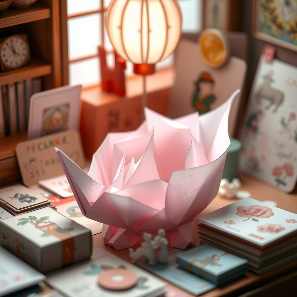 Intricate Origami Papercraft in Dreamy Style