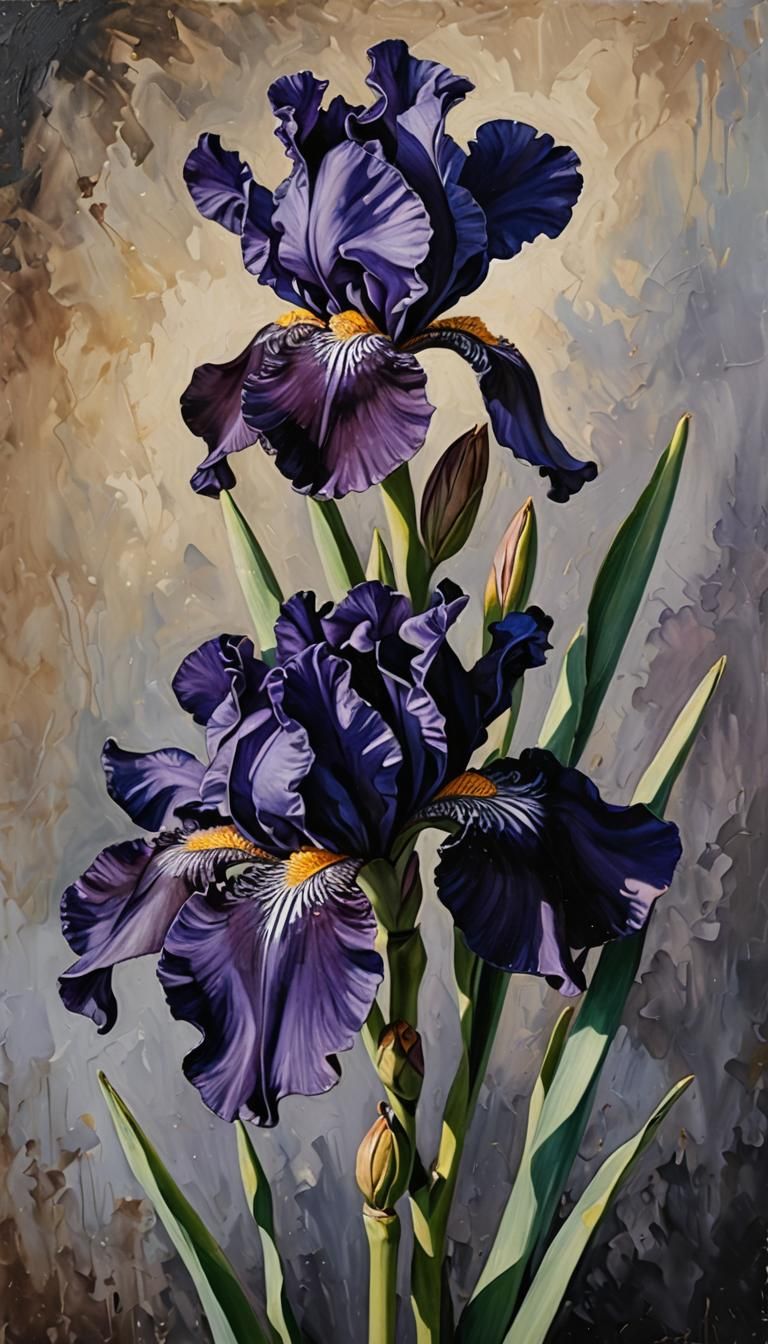 Violet Iris Still Life in Oil Painting Style