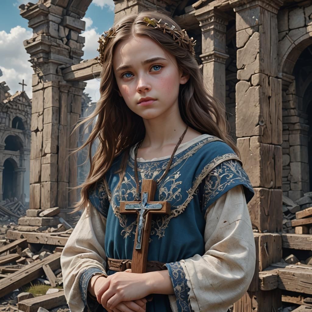 Russian Girl with Cross in Ruins, Detailed Matte Painting