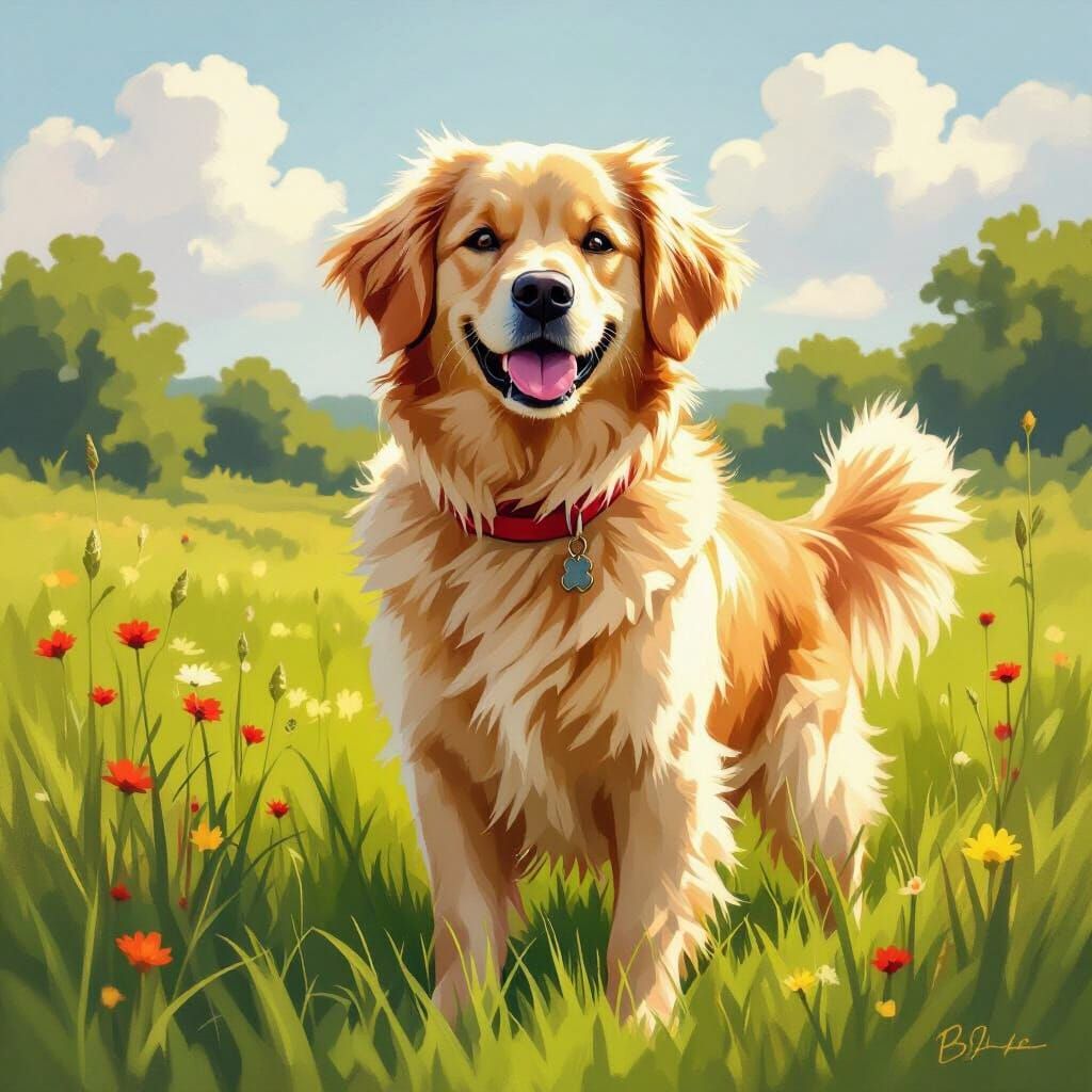 Golden Retriever in Meadow, Painted Style