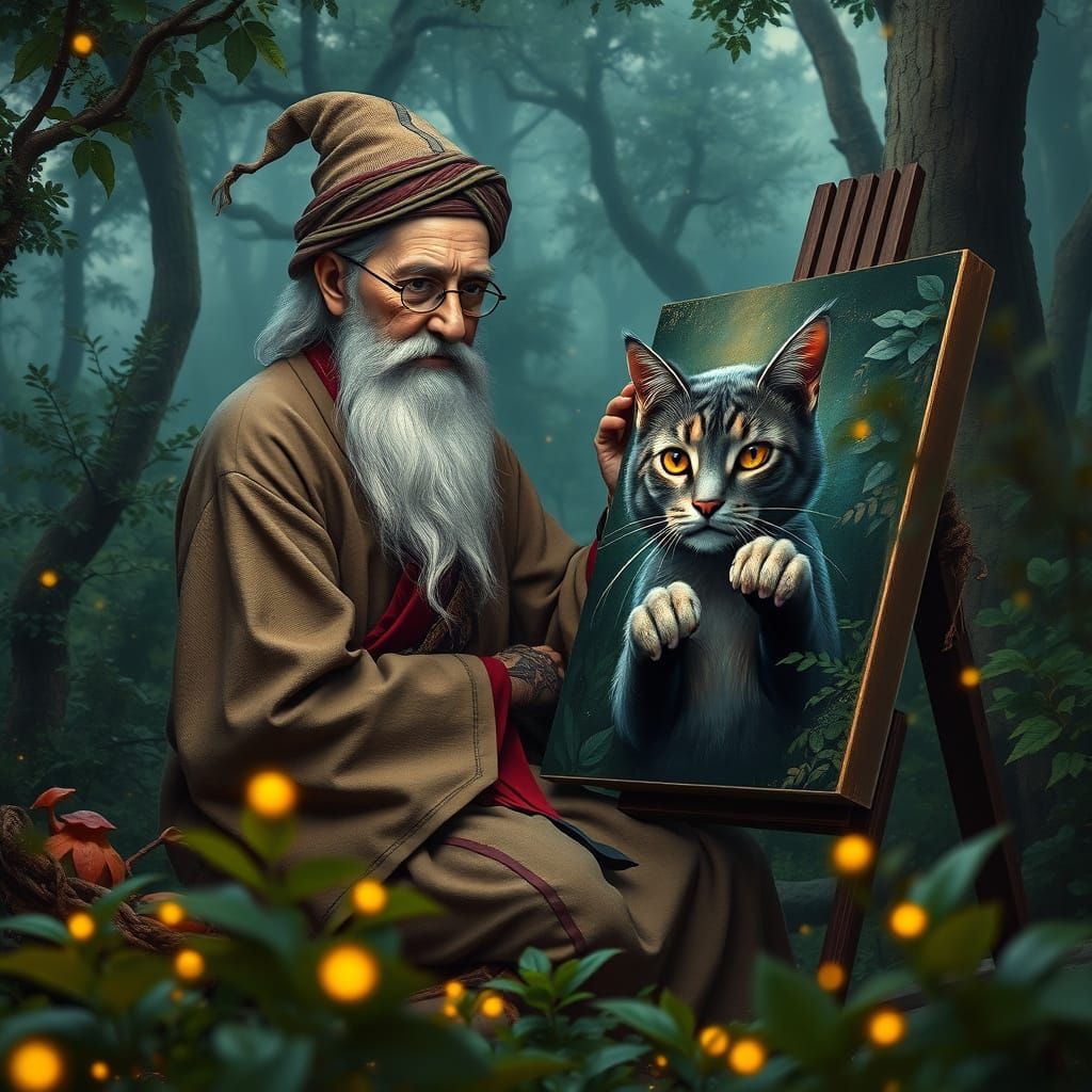 Mystical Artist Brings Ancient Cat to Life in Vibrant Forest