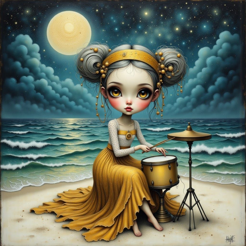 Woman Playing Drums on Shore in Goth Grunge Style