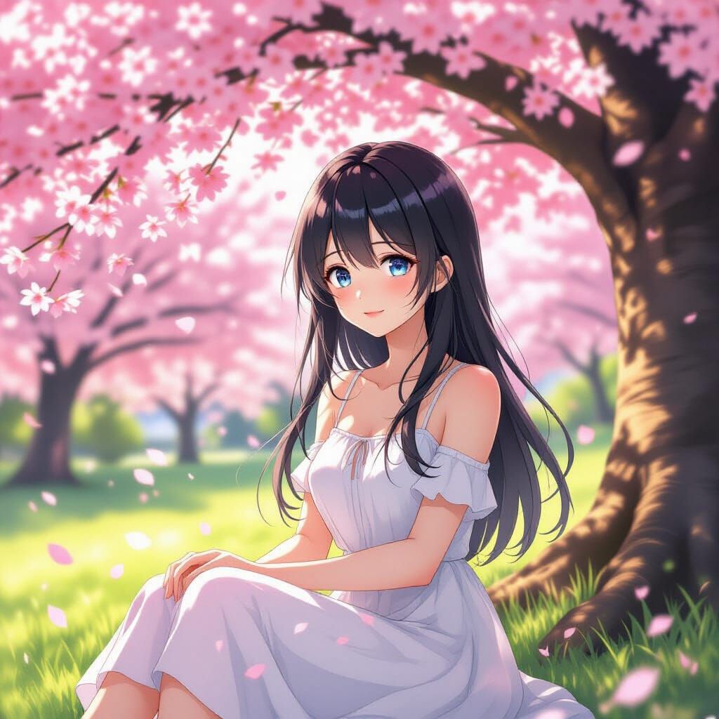 Anime Girl Under Cherry Blossoms in Warm Afternoon Light
