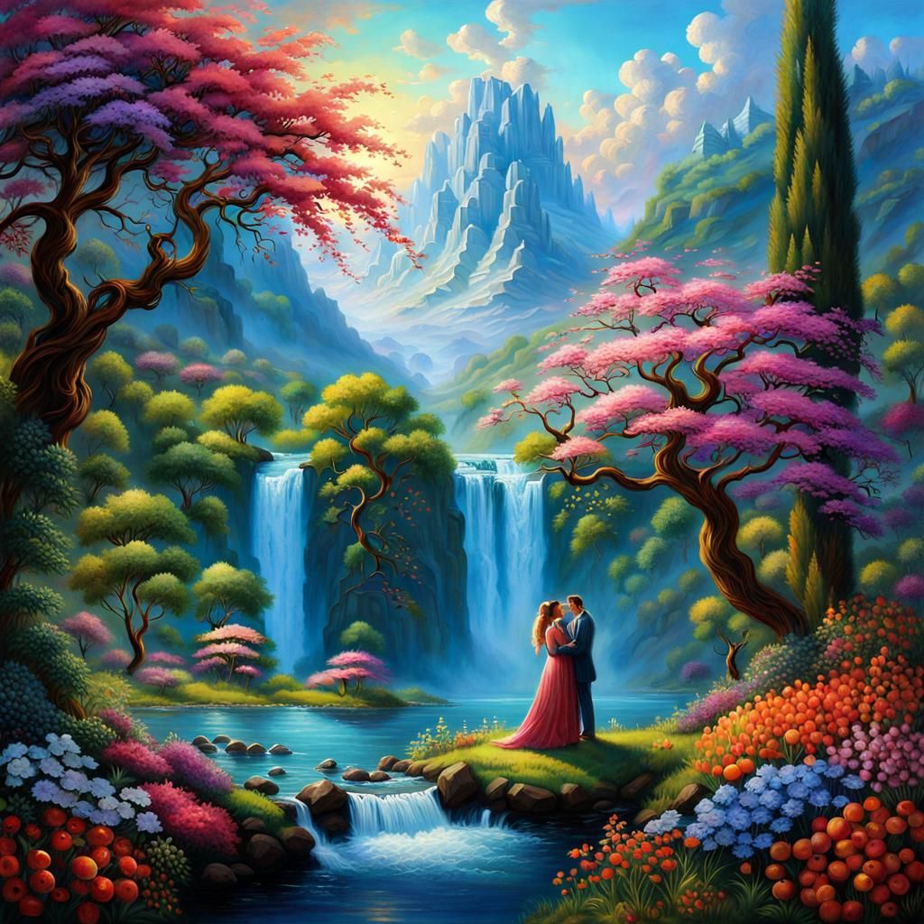 Enchanted Orchard Scene with Waterfall in Expressionist Styl...