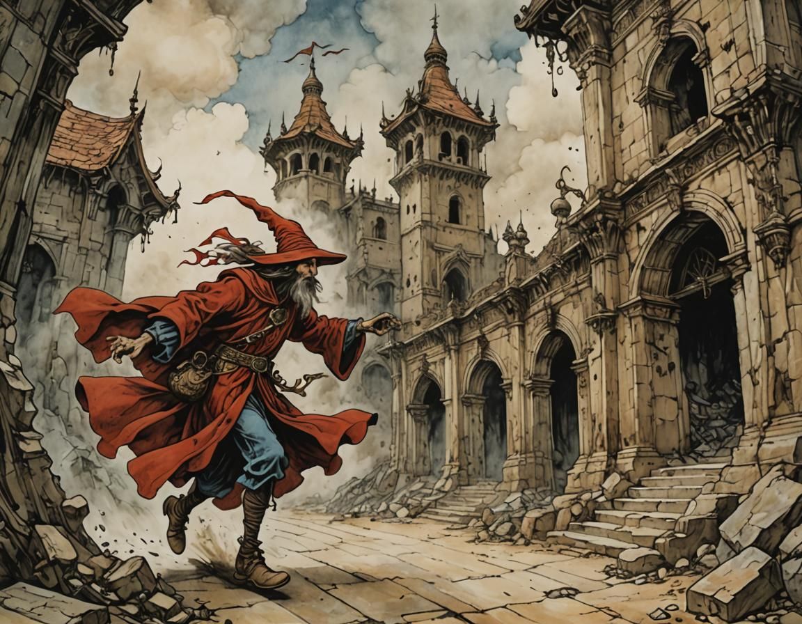 Rincewind Escapes Collapsing Temple: Arthur Rackham Style